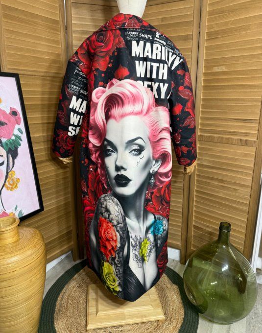 Manteau sans laine long droit ample Marylin Monroe aux Roses Rouges du 40 au 48