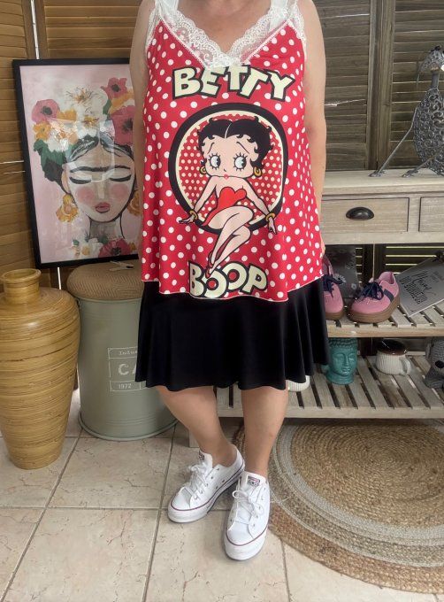 Caraco Débardeur Top trapèze satiné mat & dentelle rouge pois blancs Betty Boop du 40 au 52 