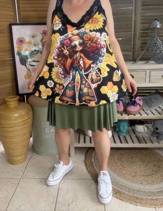 Caraco Débardeur Top trapèze satiné mat & dentelle The Hippie Girl du 40 au 52
