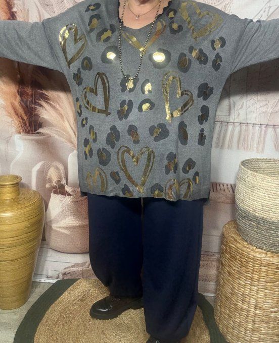 pull sans laine gris souris délavé coeurs dorés or douceur +++ du 40 au 52  