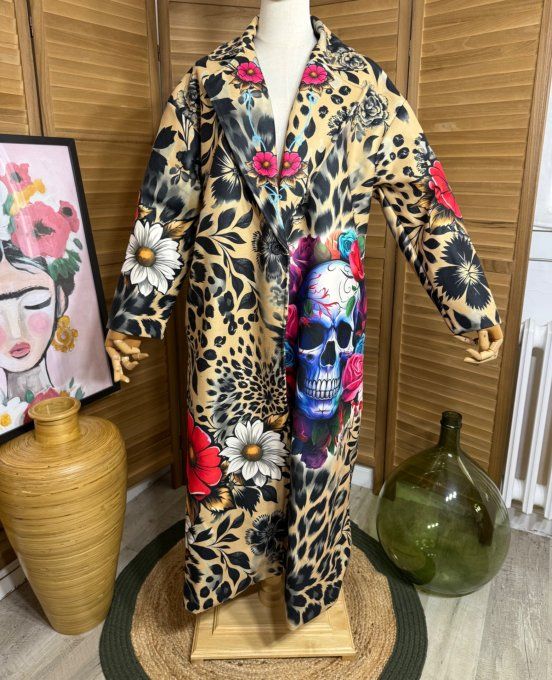 Manteau sans laine long droit ample fleurs camel Mexican Skulls du 40 au 48 