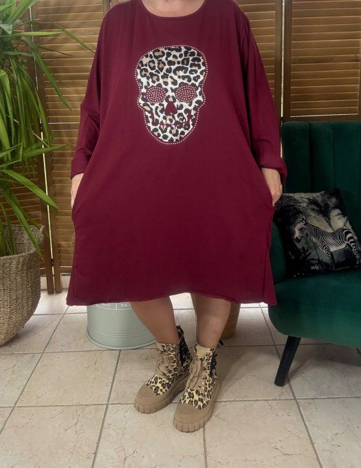 Robe trapèze oversize Bordeaux Mexican Skulls Calaveras Léopard & strass du 42 au 54