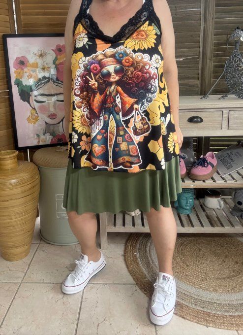 Caraco Débardeur Top trapèze satiné mat & dentelle The Hippie Girl du 40 au 52