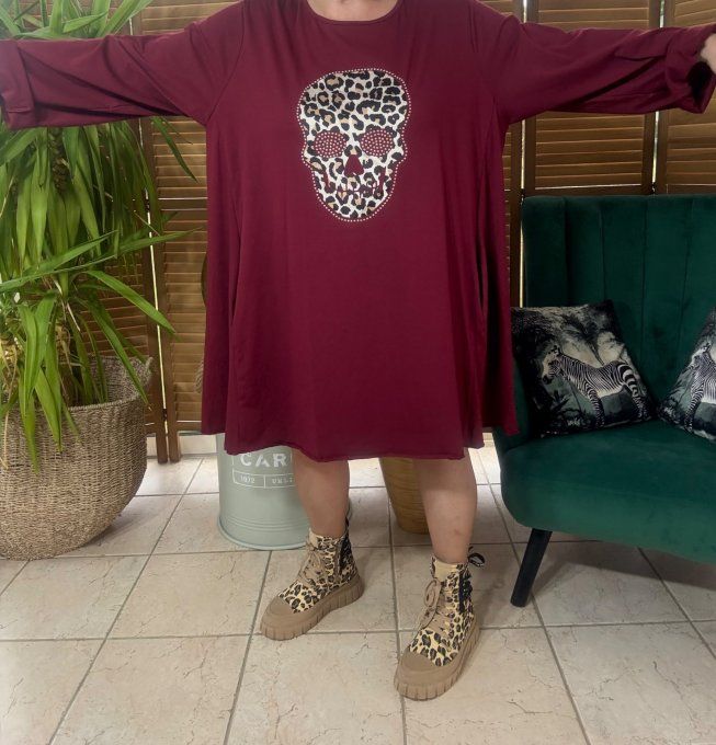 Robe trapèze oversize Bordeaux Mexican Skulls Calaveras Léopard & strass du 42 au 54