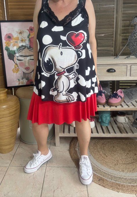 Caraco Débardeur Top trapèze satiné mat & dentelle Snoopy In Love du 40 au 52