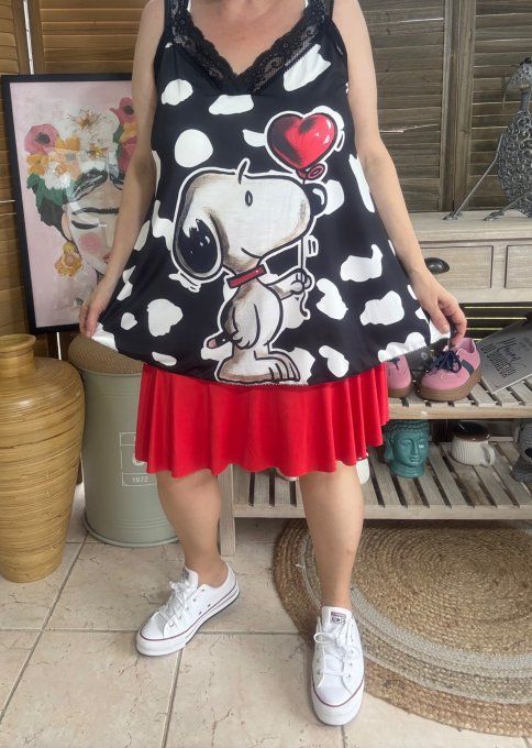 Caraco Débardeur Top trapèze satiné mat & dentelle Snoopy In Love du 40 au 52