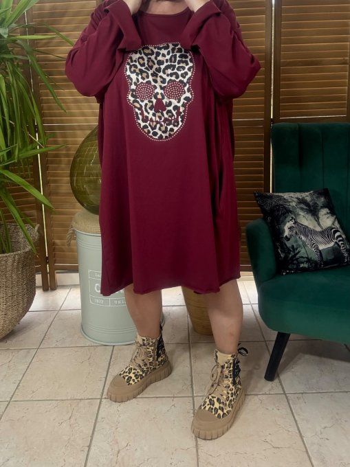 Robe trapèze oversize Bordeaux Mexican Skulls Calaveras Léopard & strass du 42 au 54