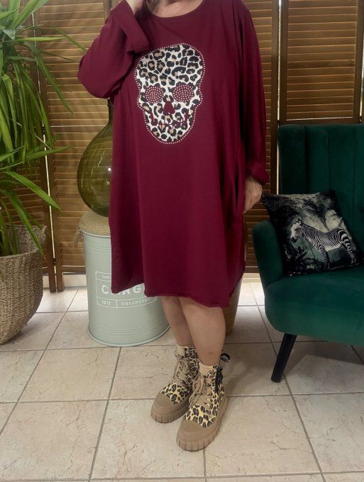 Robe trapèze oversize Bordeaux Mexican Skulls Calaveras Léopard & strass du 42 au 54
