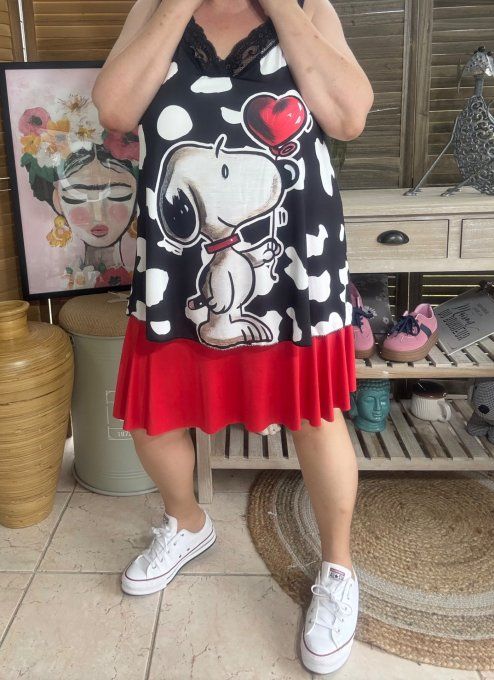 Caraco Débardeur Top trapèze satiné mat & dentelle Snoopy In Love du 40 au 52