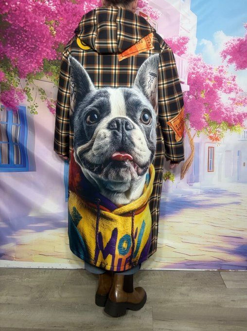 Manteau à capuche long Néoprène Tartan Chocolat Bouledogue du 36 au 46 et même + porté ouvert