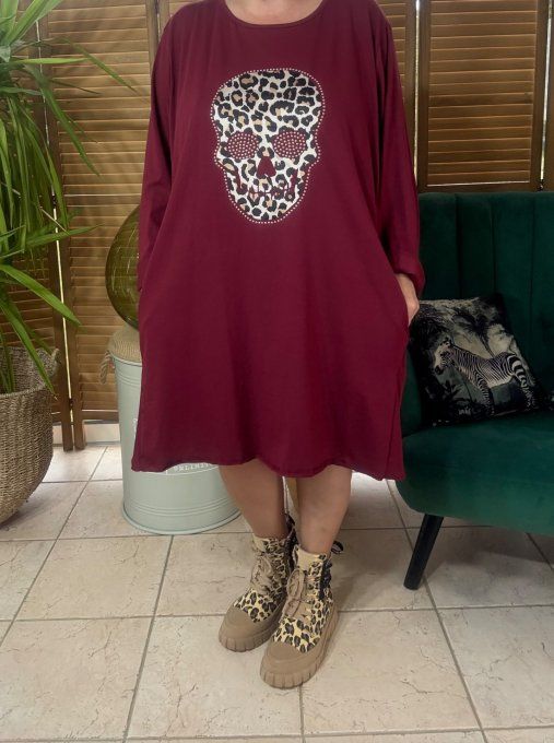 Robe trapèze oversize Bordeaux Mexican Skulls Calaveras Léopard & strass du 42 au 54