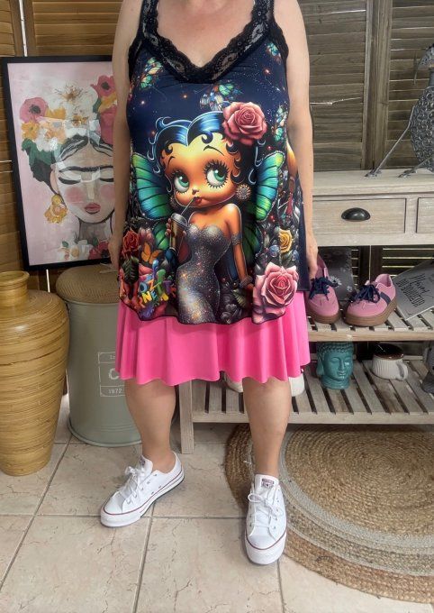 Caraco Débardeur Top trapèze satiné mat & dentelle Betty Boop Fée Papillon du 40 au 52 