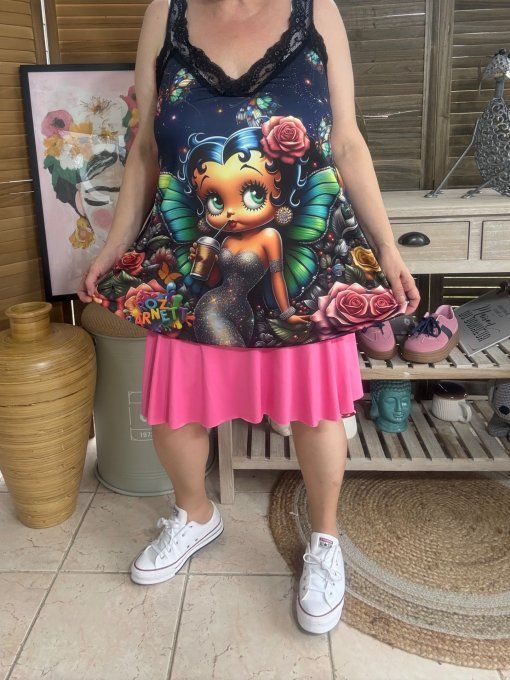 Caraco Débardeur Top trapèze satiné mat & dentelle Betty Boop Fée Papillon du 40 au 52 