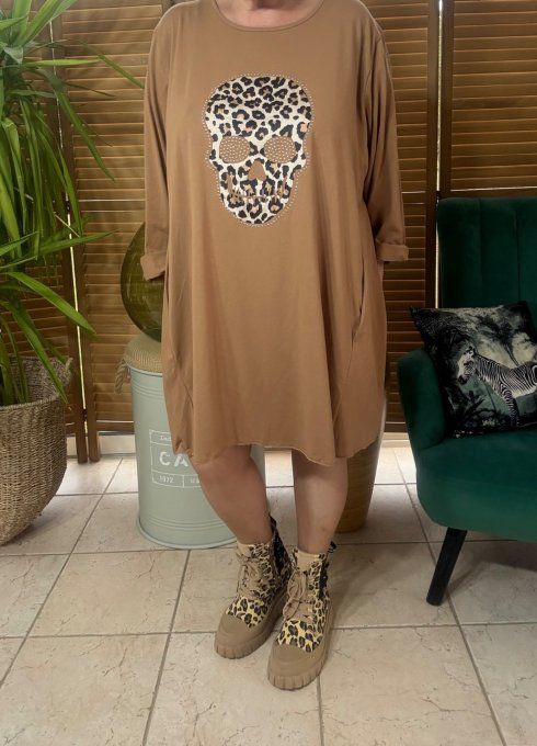 Robe trapèze oversize Camel Mexican Skulls Calaveras Léopard & strass du 42 au 54