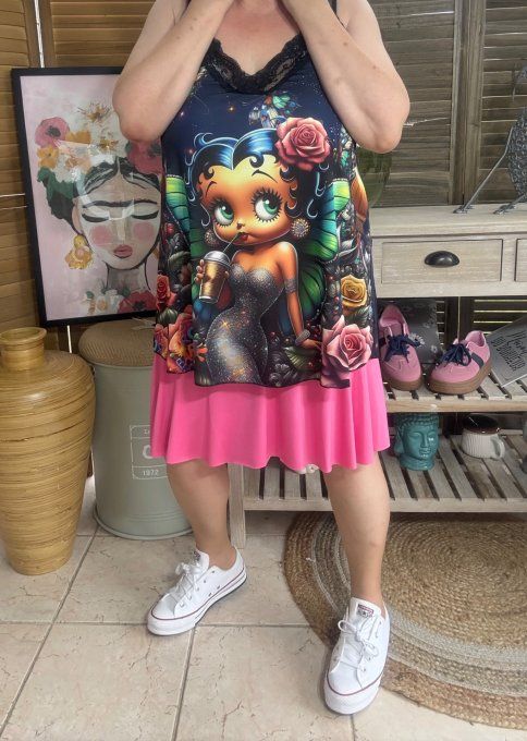 Caraco Débardeur Top trapèze satiné mat & dentelle Betty Boop Fée Papillon du 40 au 52 