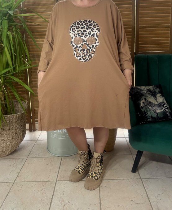 Robe trapèze oversize Camel Mexican Skulls Calaveras Léopard & strass du 42 au 54