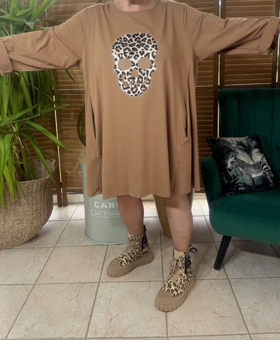 Robe trapèze oversize Camel Mexican Skulls Calaveras Léopard & strass du 42 au 54