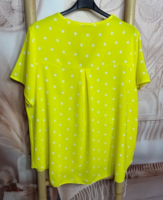 Blouse trapèze Jaune citron pois blancs manches courtes col V du 38 au 48