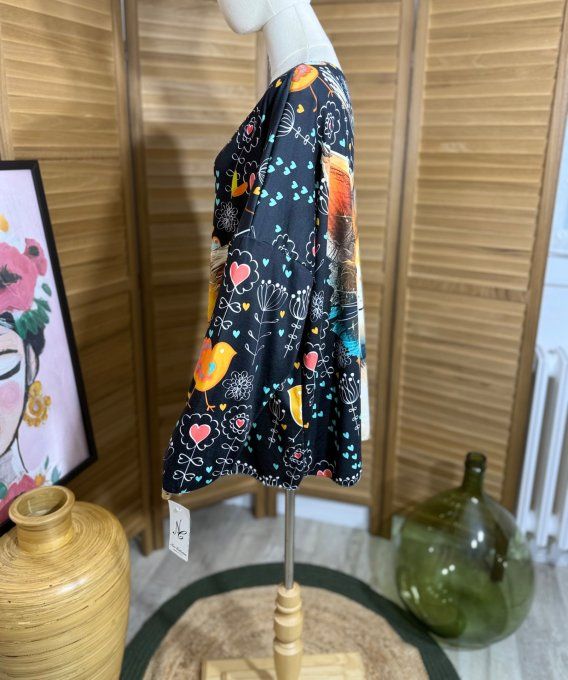Top manches longues noir fleurs Le Chat et L'Oiseau du 42 au 54/56  