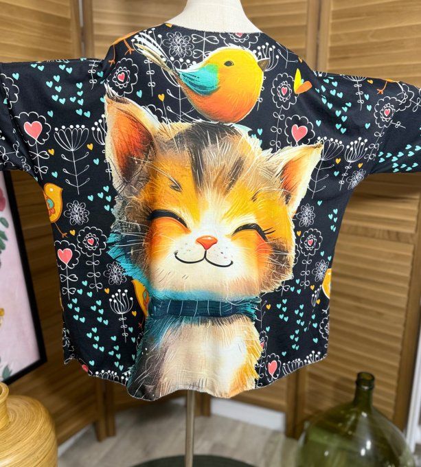 Top manches longues noir fleurs Le Chat et L'Oiseau du 42 au 54/56  