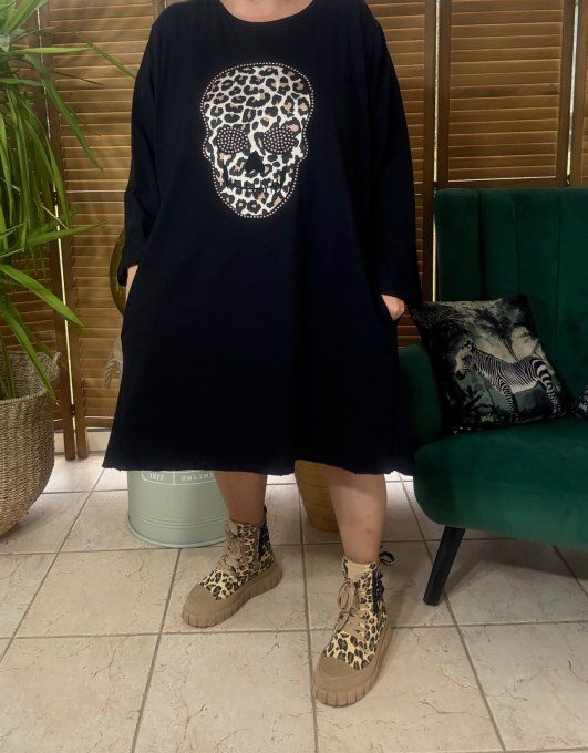 Robe trapèze oversize noire Mexican Skulls Calaveras Léopard & strass du 42 au 54 