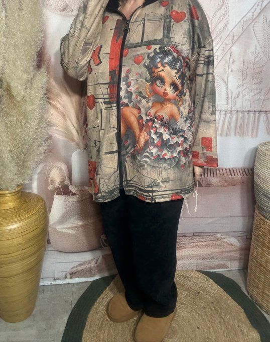 Gilet-veste suédine beige capuche velours noir Betty Boop du 38 au 48/50 et même + 