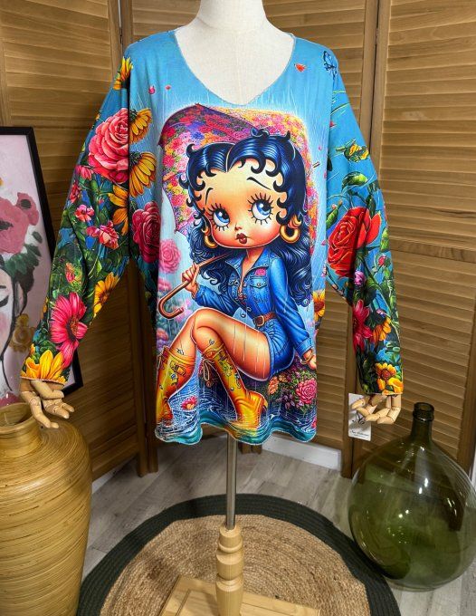 Top manches longues bleu Betty Boop au Parapluie du 42 au 54/56 