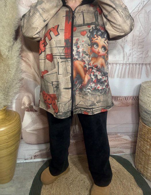 Gilet-veste suédine beige capuche velours noir Betty Boop du 38 au 48/50 et même + 