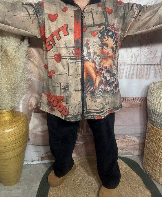 Gilet-veste suédine beige capuche velours noir Betty Boop du 38 au 48/50 et même + 