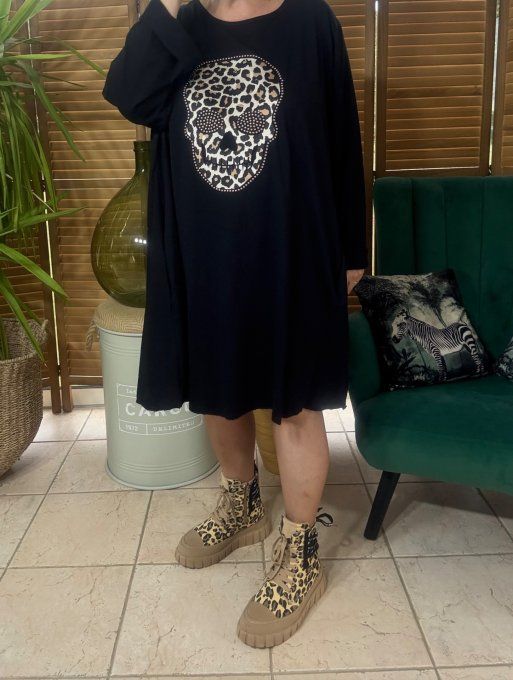 Robe trapèze oversize noire Mexican Skulls Calaveras Léopard & strass du 42 au 54 
