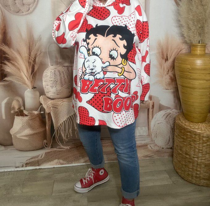 Sweat à capuche ample blanc Coeurs à pois Betty Boop rétro du 40 au 52/54