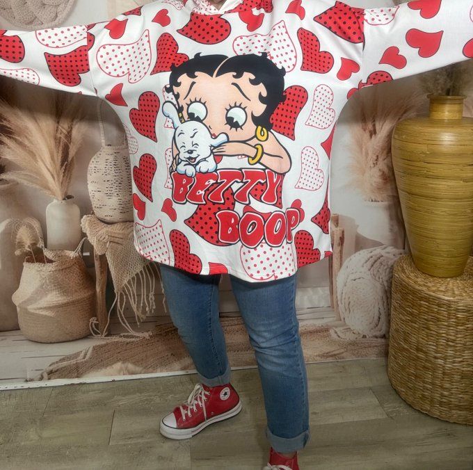 Sweat à capuche ample blanc Coeurs à pois Betty Boop rétro du 40 au 52/54 
