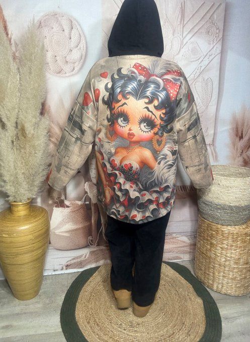 Gilet-veste suédine beige capuche velours noir Betty Boop du 38 au 48/50 et même +
