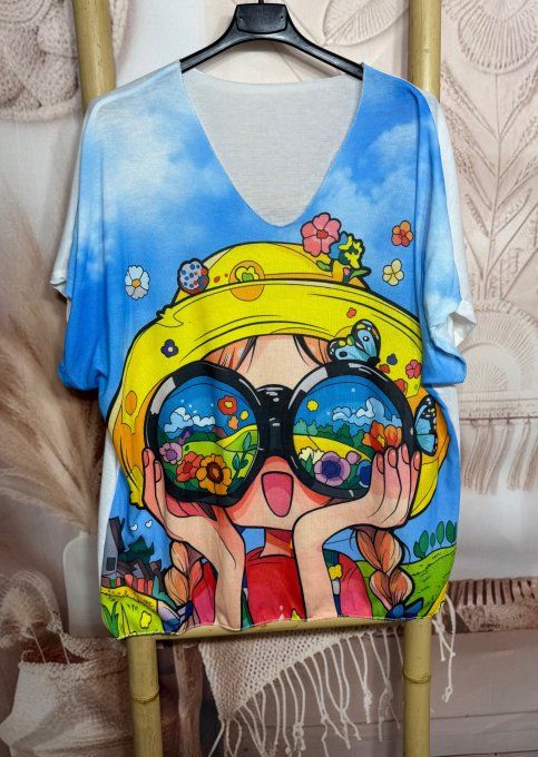 Top ample blanc La Fillette au chapeau Jaune Lurex argenté du 40 au 48/50