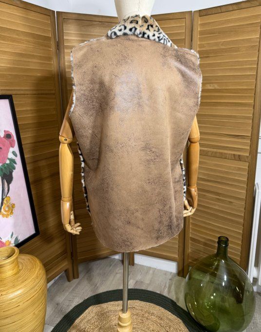 Gilet sans manches effet peau camel & Fausse fourrure Léopard du 34 au 44