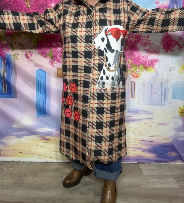 Manteau à capuche long Néoprène Tartan carreaux beige Dalmatiens du 36 au 46 et même + porté ouvert