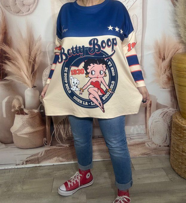 Sweat ample bleu jeans délavé Betty Boop Rétro US University Girl du 40 au 52/54