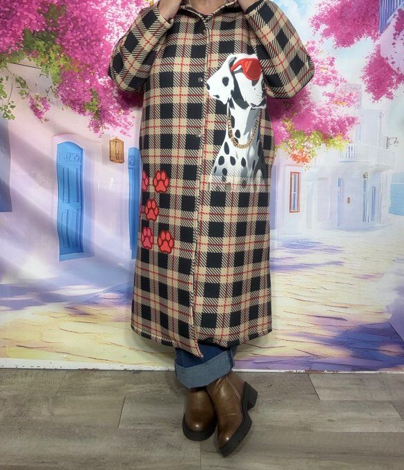 Manteau à capuche long Néoprène Tartan carreaux beige Dalmatiens du 36 au 46 et même + porté ouvert