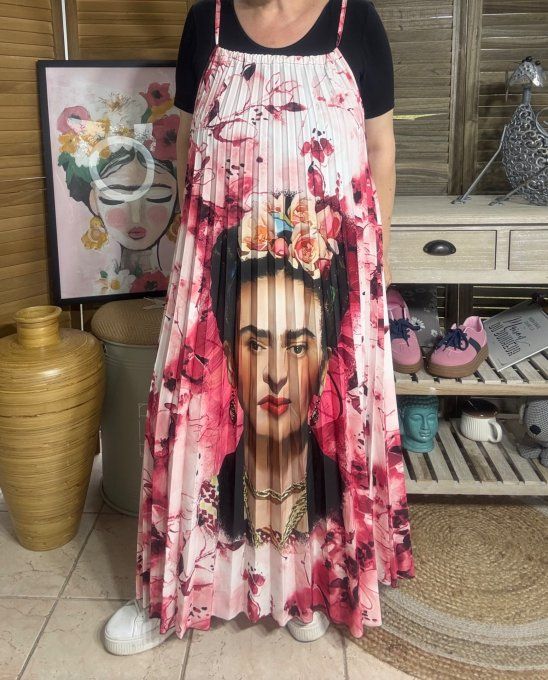 Robe longue plissée bretelles ajustables Frida Kahlo aux Fleurs Roses du 38 au 48/50   