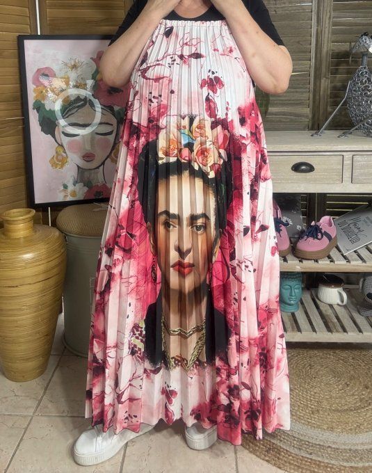Robe longue plissée bretelles ajustables Frida Kahlo aux Fleurs Roses du 38 au 48/50   