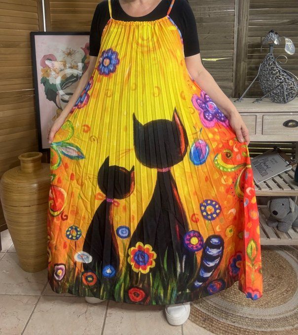 Robe longue plissée bretelles ajustables Jaune soleil Le Duo de chats noirs du 38 au 48/50 