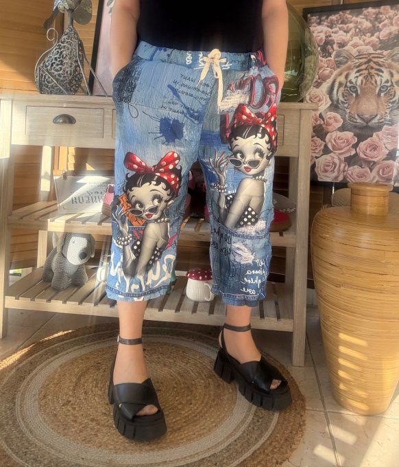 pantacourt (dit magique) effet jeans délavé Betty Boop rétro chic du 40 au 50/52 