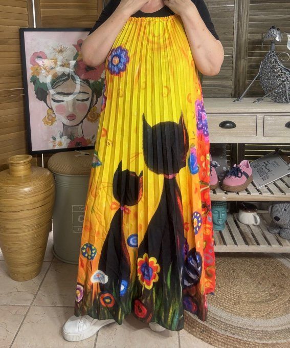 Robe longue plissée bretelles ajustables Jaune soleil Le Duo de chats noirs du 38 au 48/50 