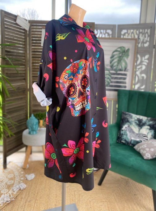 Robe chemise trapèze ou tunique longue Mexican Skulls Calavera du 40 au 52/54