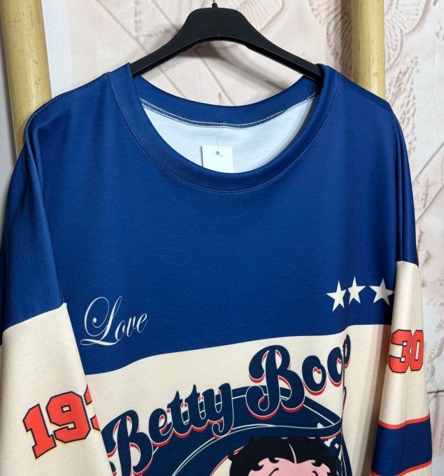 Sweat ample bleu jeans délavé Betty Boop Rétro US University Girl du 40 au 52/54