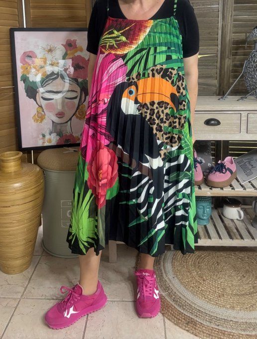 Robe courte plissée bretelles ajustables Jungle Spirit Toucan du 36 au 46