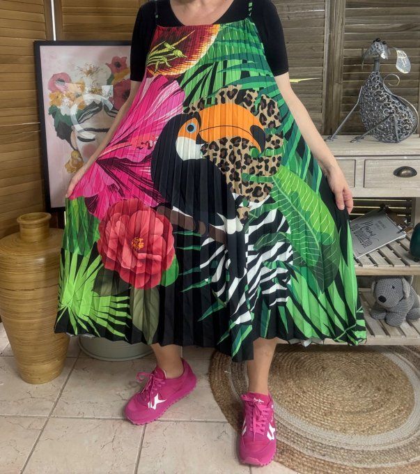 Robe courte plissée bretelles ajustables Jungle Spirit Toucan du 36 au 46