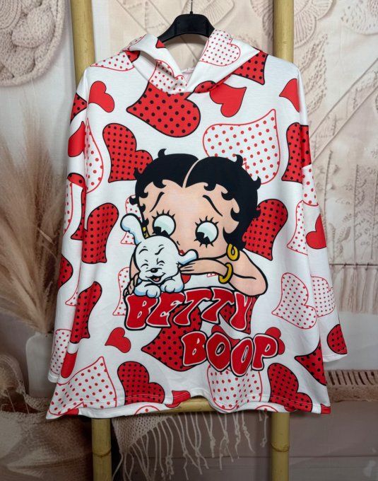 Sweat à capuche ample blanc Coeurs à pois Betty Boop rétro du 40 au 52/54 