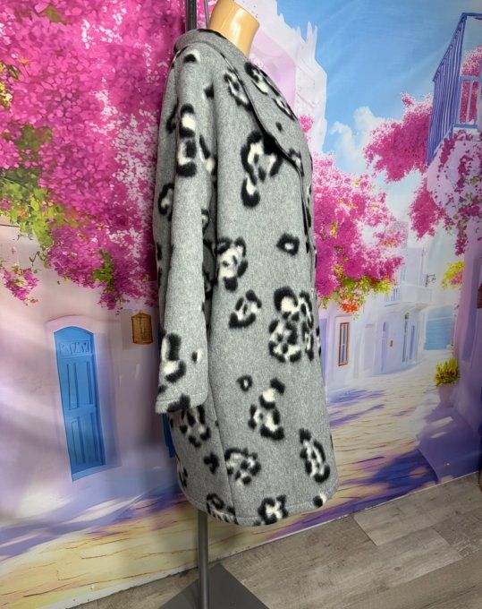 Manteau mi-long oversize polaire gris perle et Léopard du 42 au 52 et même +