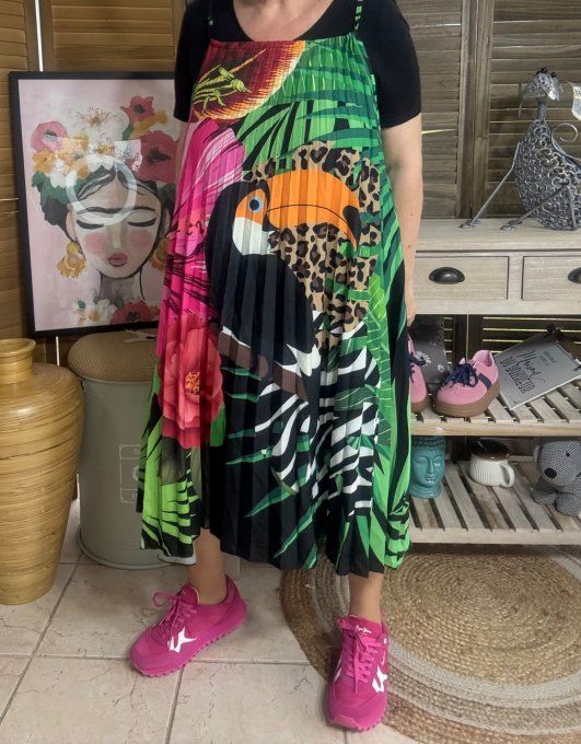 Robe courte plissée bretelles ajustables Jungle Spirit Toucan du 36 au 46
